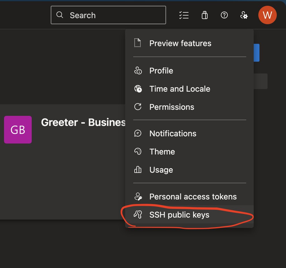 Azure DevOps - User Settings Menu