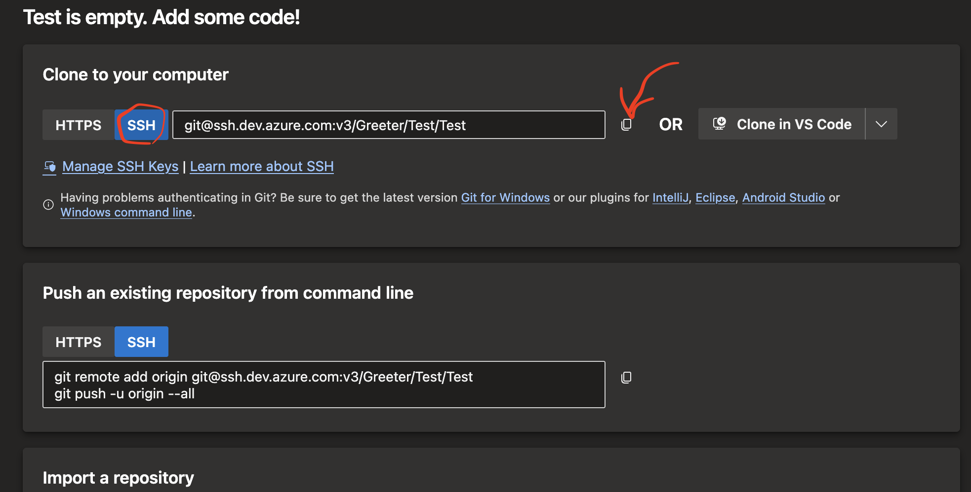 Azure DevOps - Get SSH Clone URL